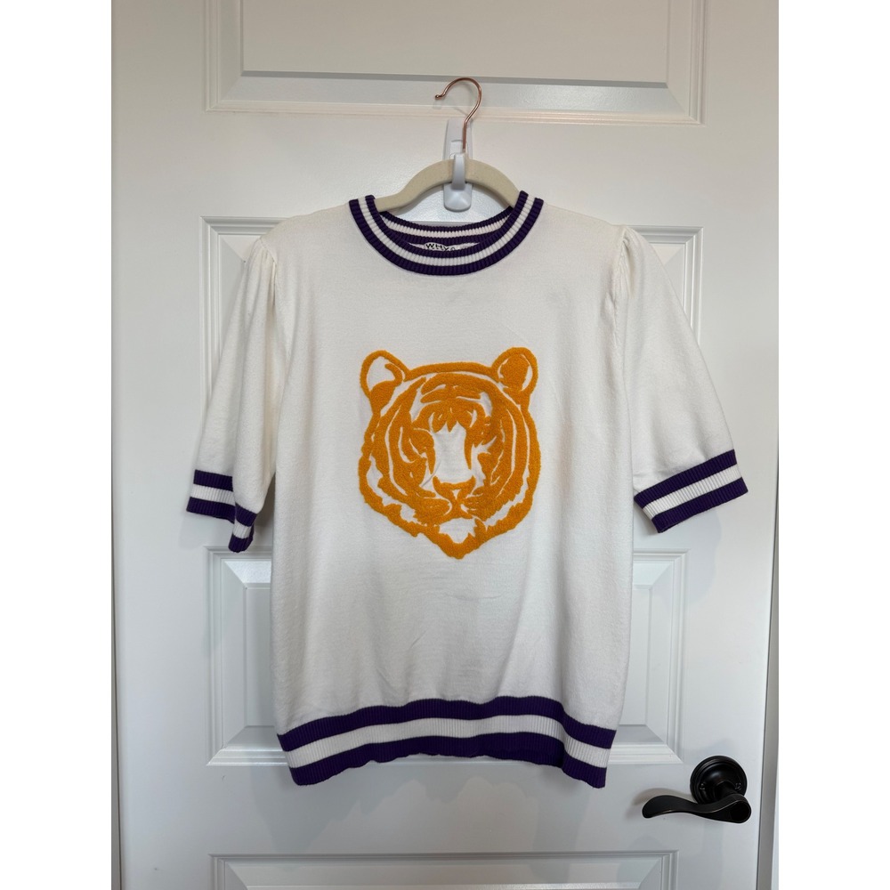 Why Dress White Tiger Chenille Patch Short Sleeve Puff Sweater Purple L LSU
